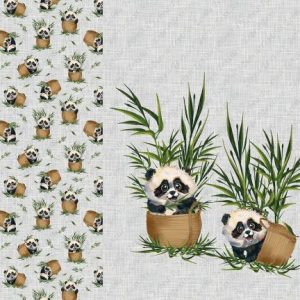 Panda et panier de bambou fond lin gris pâle