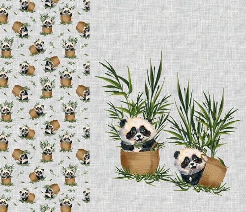 Panda et panier de bambou fond lin gris pâle