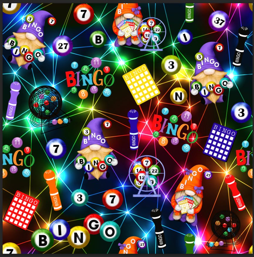 Bingo et gnome fond multicolore néon