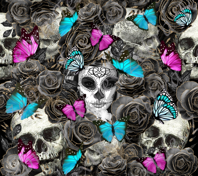 Crâne et papillon fleur noire