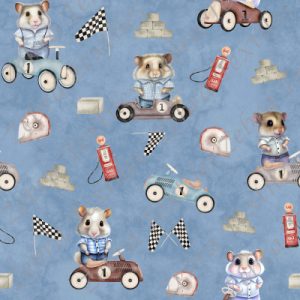 Hamster et voiture de course fond bleu