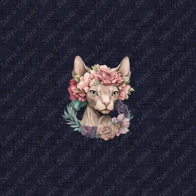 Chat sphinx et fleur fond lin marine Panneau
