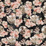 Hibou lune et pivoine fond bois noir
