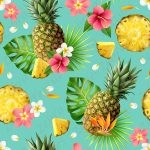 Ananas et hibiscus rose fond aqua