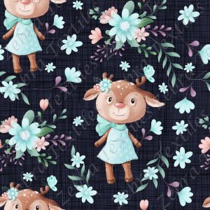 Chevreuil mignon et fleur bleue fond lin marine