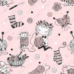 Fille et tricot fond rose