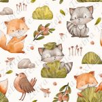 Renard et raton en forêt fond crème