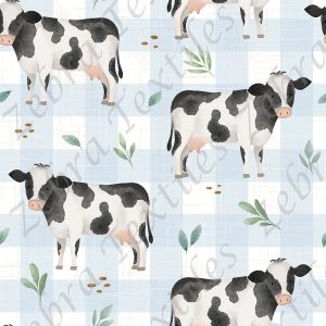 Vache et feuille fond à carreau bleu