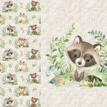 Animaux de la forêt et feuillage raton fond lin Panneau doudou