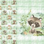 Animaux de la forêt et feuillage raton fond vert Panneau doudou