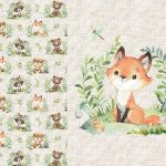 Animaux de la forêt et feuillage renard fond lin Panneau doudou