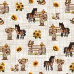 Fille cowboy et tournesol fond lin taupe et blanc