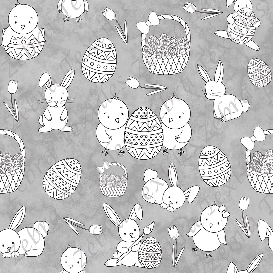 Poussin et lapin de Pâques fond gris à dessiner