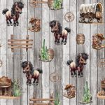 Poney brun et cactus fond planche grise