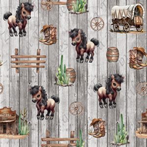 Poney brun et cactus fond planche grise