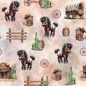 Poney brun et cactus fond rosé grunge