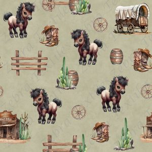 Poney brun et cactus fond vert