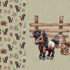 Poney brun et cactus fond vert Panneau doudou