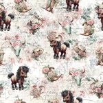 Poney brun et chapeau fond blanc fleurit