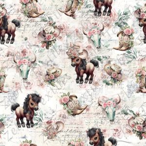 Poney brun et chapeau fond blanc fleurit