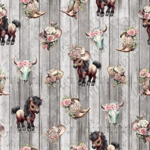 Poney brun et chapeau fond planche grise