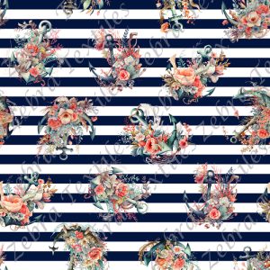 Ancre floral fond rayé marine