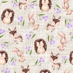 Animaux et fleur mauve fond lin beige