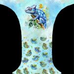 Caméléon bleu et libellule fond bleu aqua