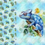 Caméléon bleu et libellule fond bleu aqua Panneau doudou