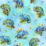 Caméléon et libellule fond bleu aqua