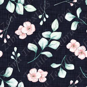Fleur rose et feuillage fond lin marine