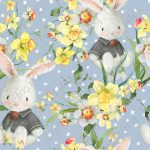 Lapin et oeillet jaune fond bleu