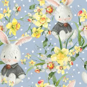 Lapin et oeillet jaune fond bleu