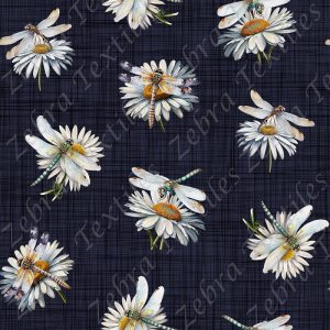 Libellule et marguerite fond lin marine