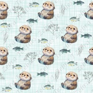 Loutre mignonne et algue fond lin blanc aqua