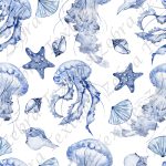 Méduse et coquillage bleu fond blanc