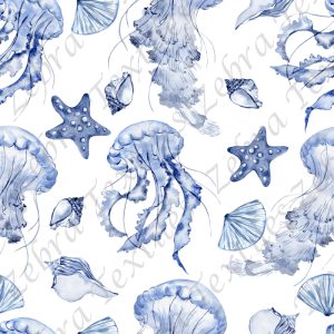 Méduse et coquillage bleu fond blanc