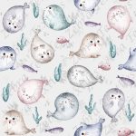 Phoque mignon et poisson fond gris