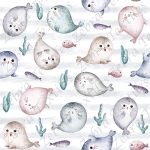Phoque mignon et poisson fond rayé gris