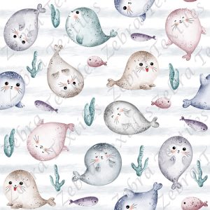 Phoque mignon et poisson fond rayé gris