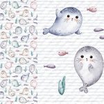 Phoque mignon et poisson fond rayé gris Panneau doudou