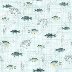Poisson et algue fond lin aqua blanc