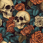 Skull beige fleur rouge fond noir