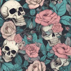 Skull et rose rosé fond feuillage vert