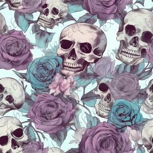 Skull fleur aqua et mauve fond bleu pâle