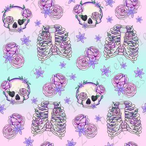 Tête de mort et thorax fond rose et aqua
