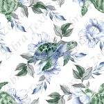 Tortue et fleur bleutée fond blanc