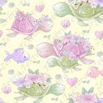Tortue rose et verte fond jaune