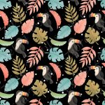 Toucan et feuillage fond noir pois blanc