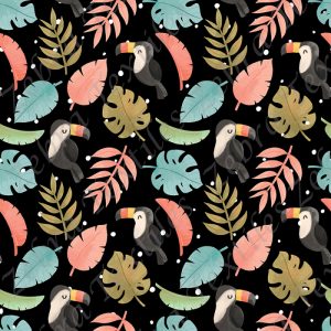 Toucan et feuillage fond noir pois blanc